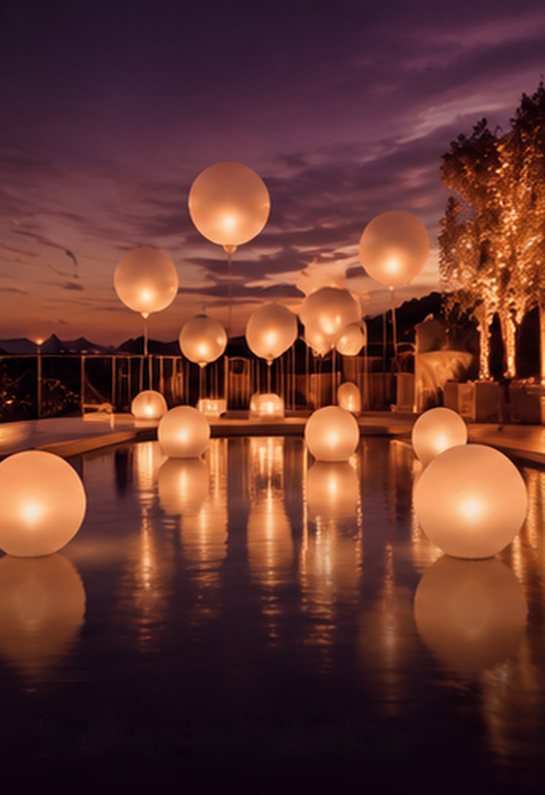 Glowing balloon installation over a pool at dusk