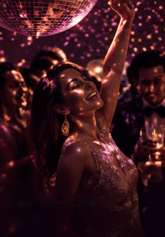 Guests dancing under a mirror ball at a themed party