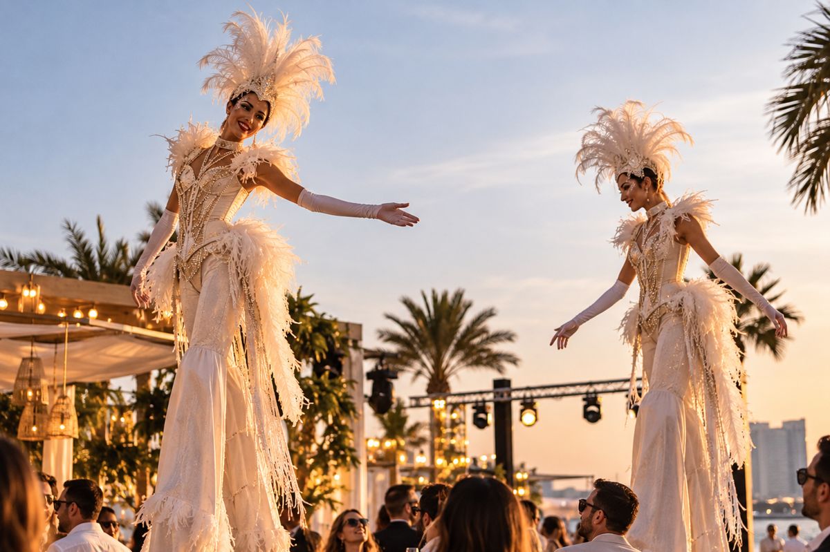 Stilt walkers in feathered costumes