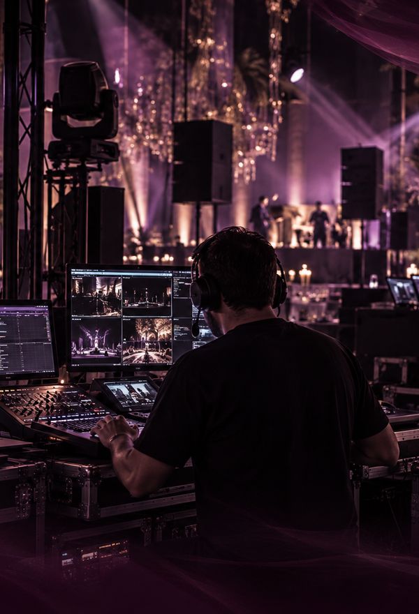 Sound engineer at the AV desk overlooking a lit event