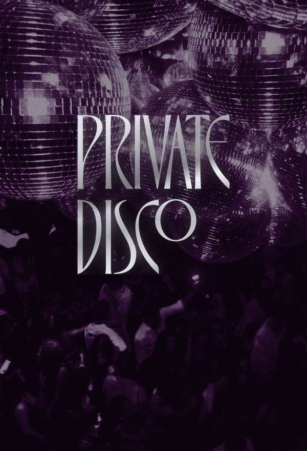 Private Disco logo glowing over mirror balls